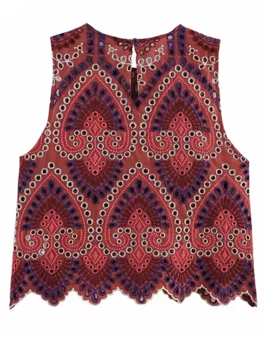 Burgundy Eyelet Lace 2-Piece Set – Top & Midi Skirt