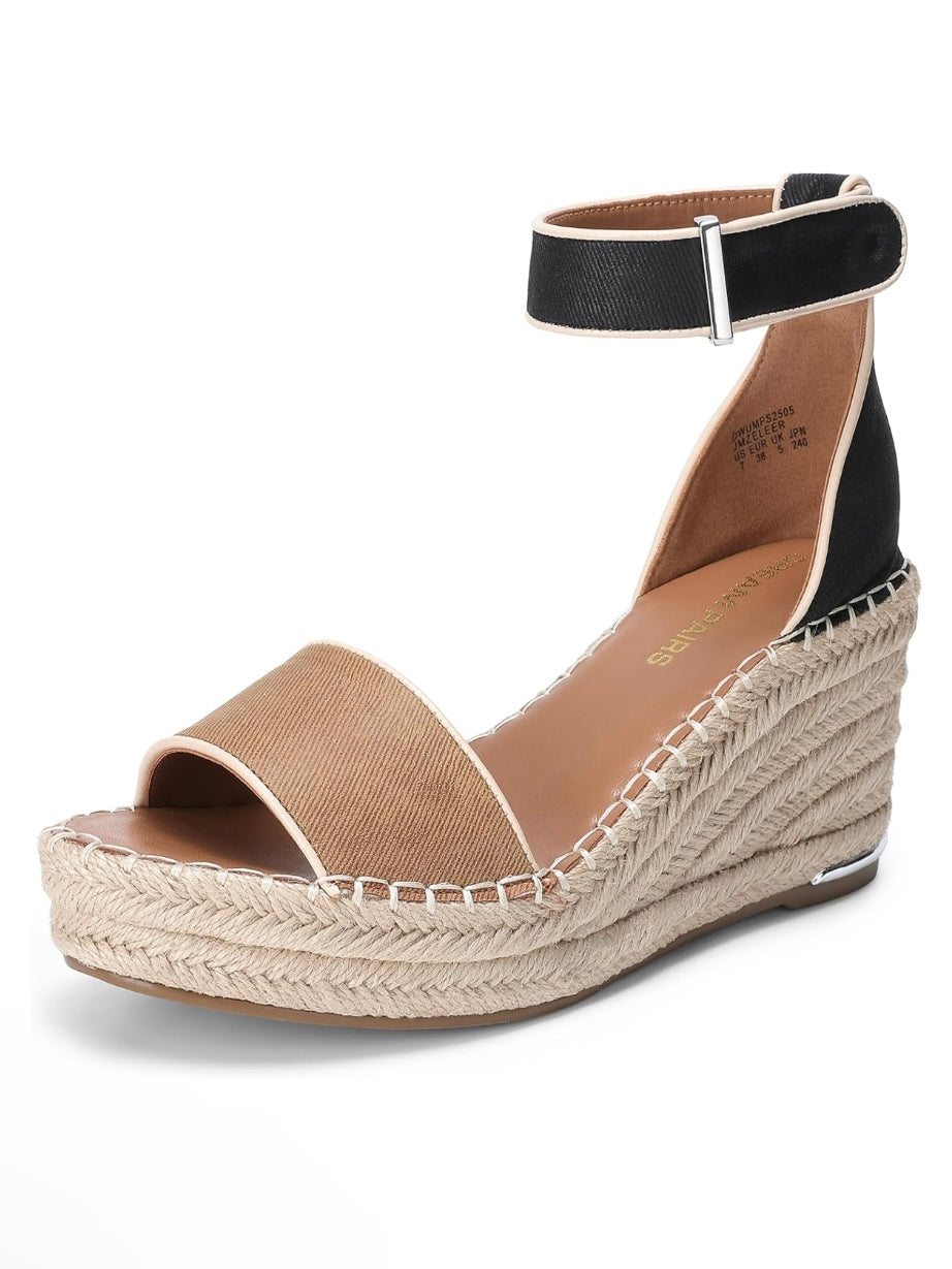Brown and black wedge high heels sandals