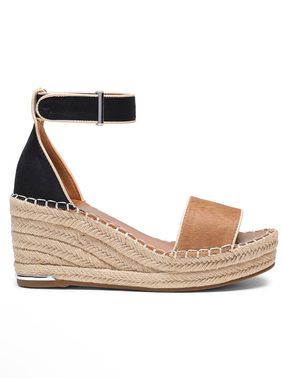 Brown and black wedge high heels sandals