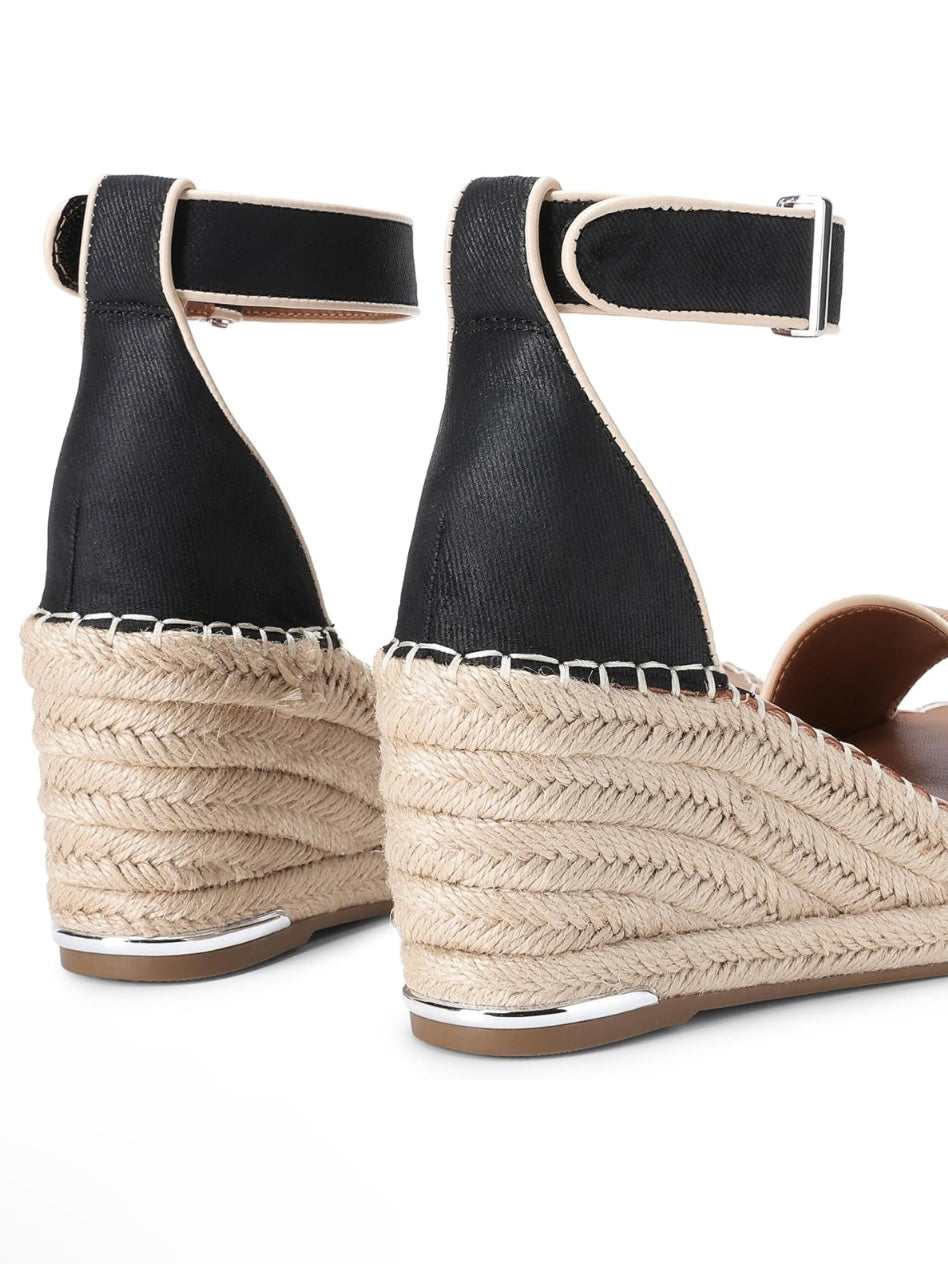 Brown and black wedge high heels sandals