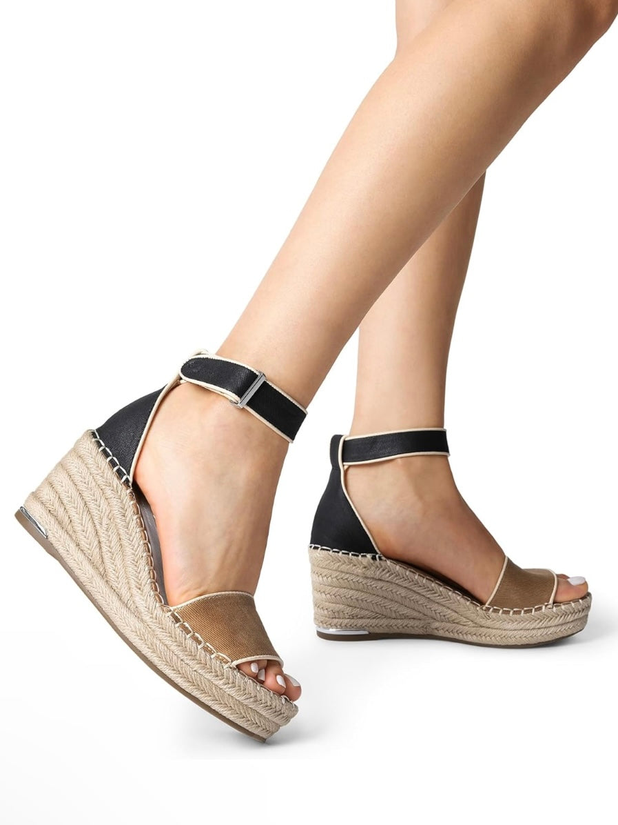 Brown and black wedge high heels sandals