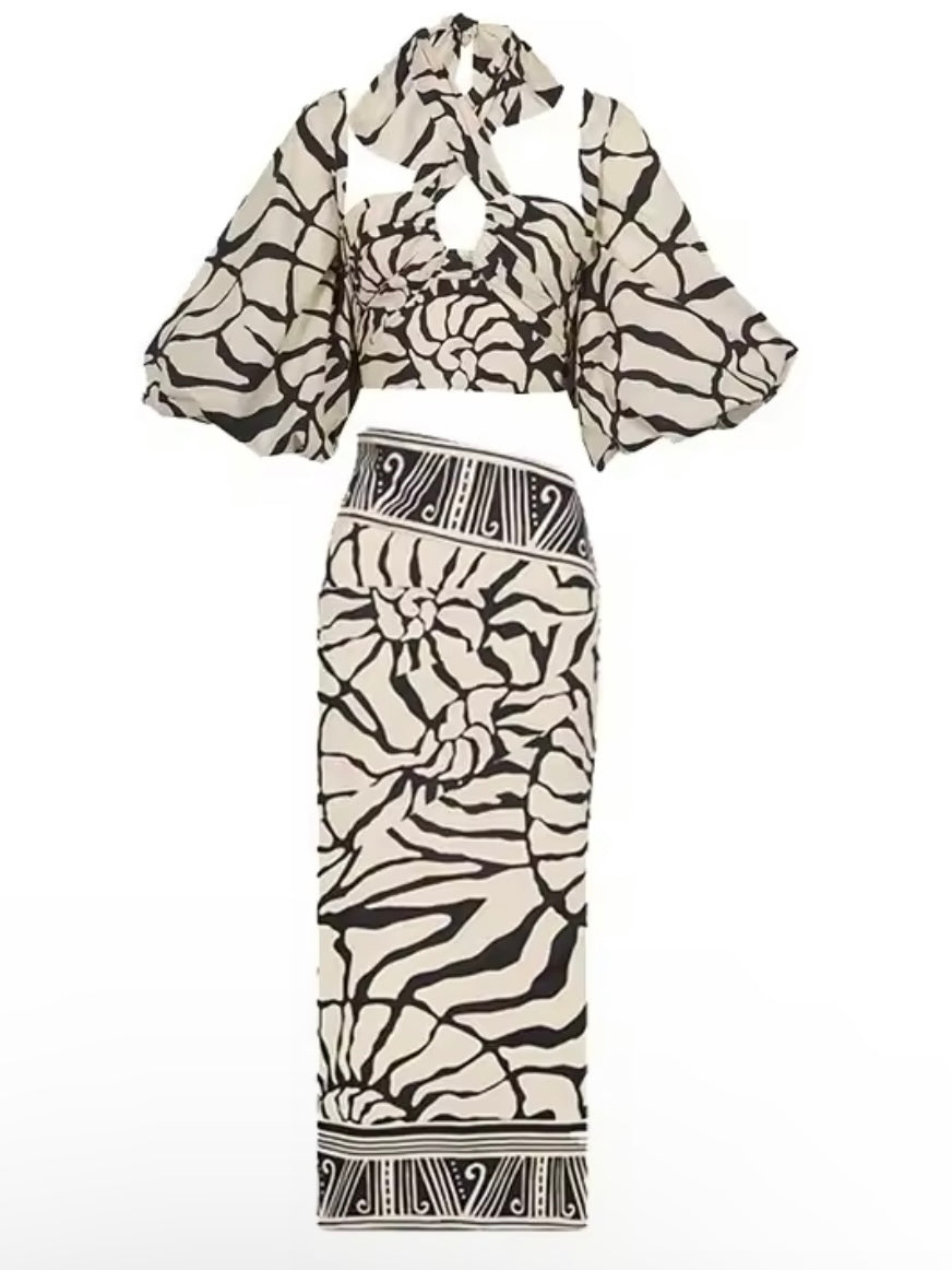 Black and white set of bikini and maxi skirt