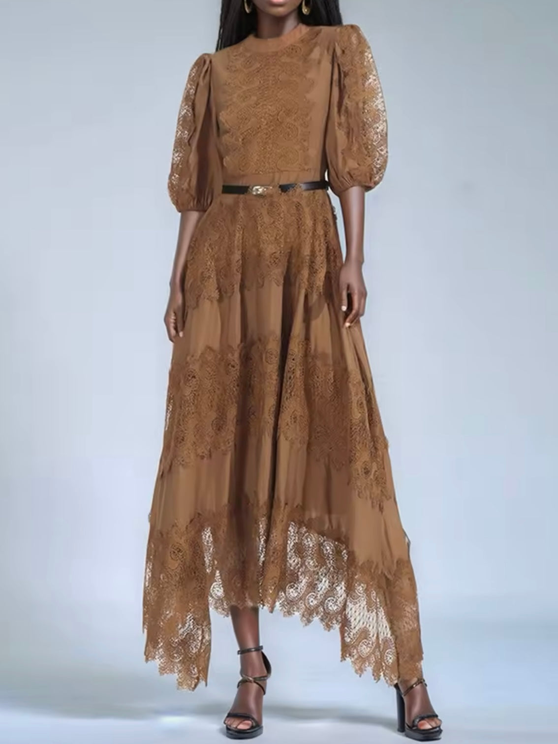 Brown embroidered midi dress