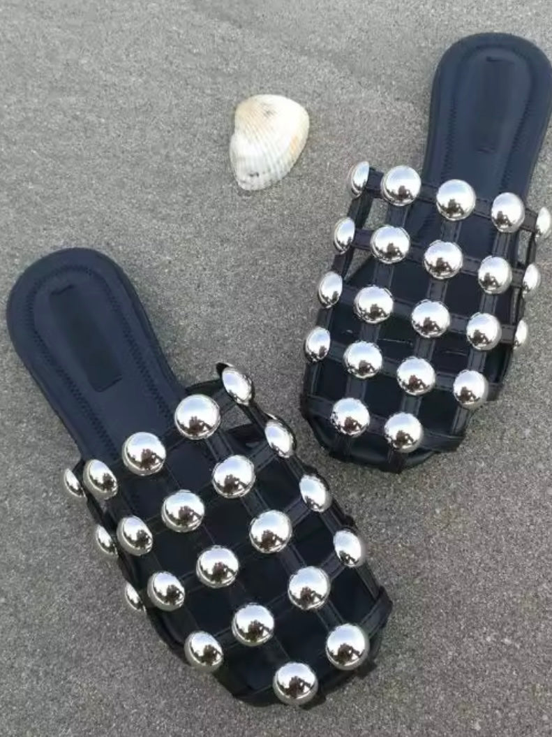 Black studded straps flat slides sandals