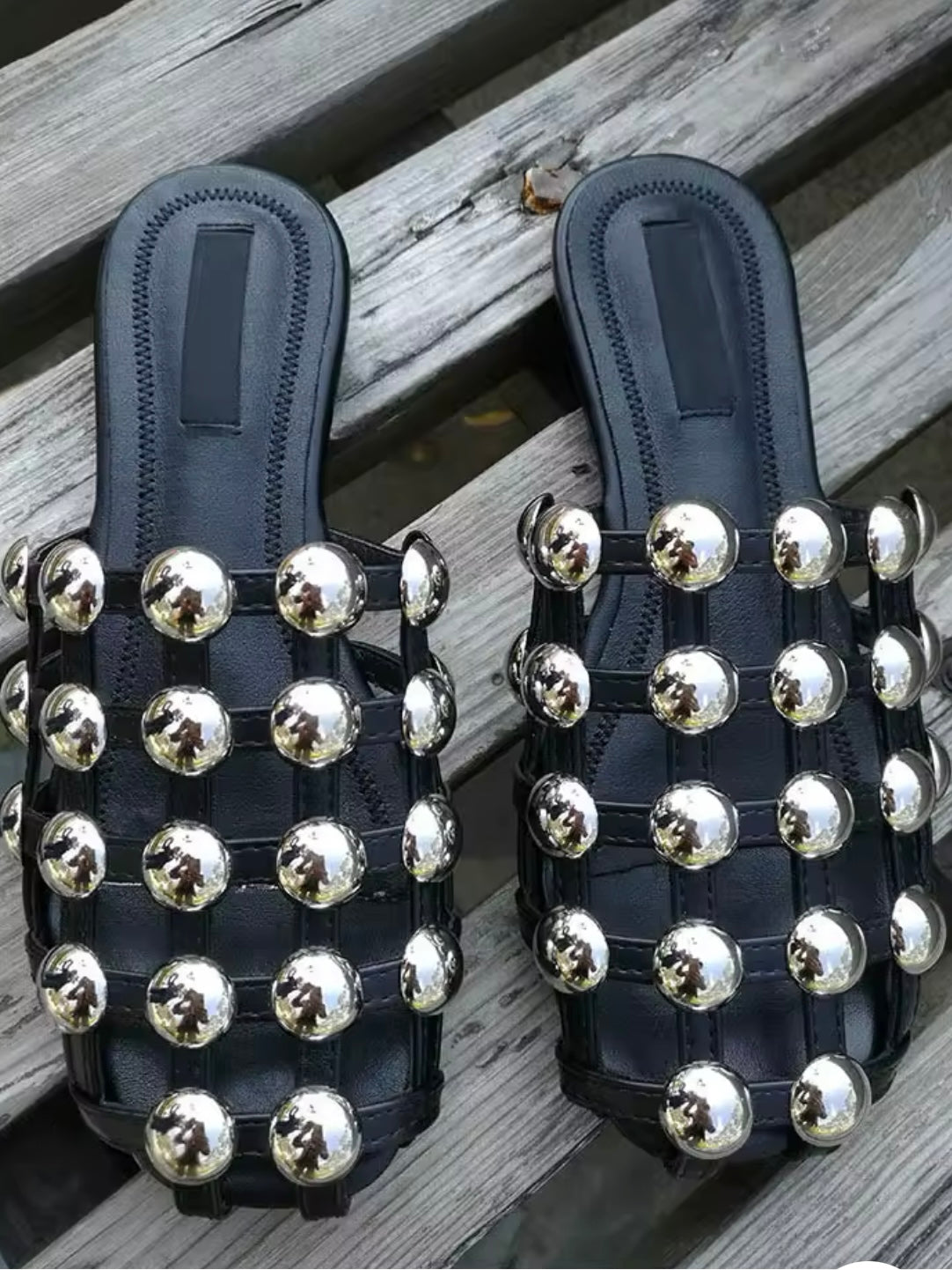 Black studded straps flat slides sandals