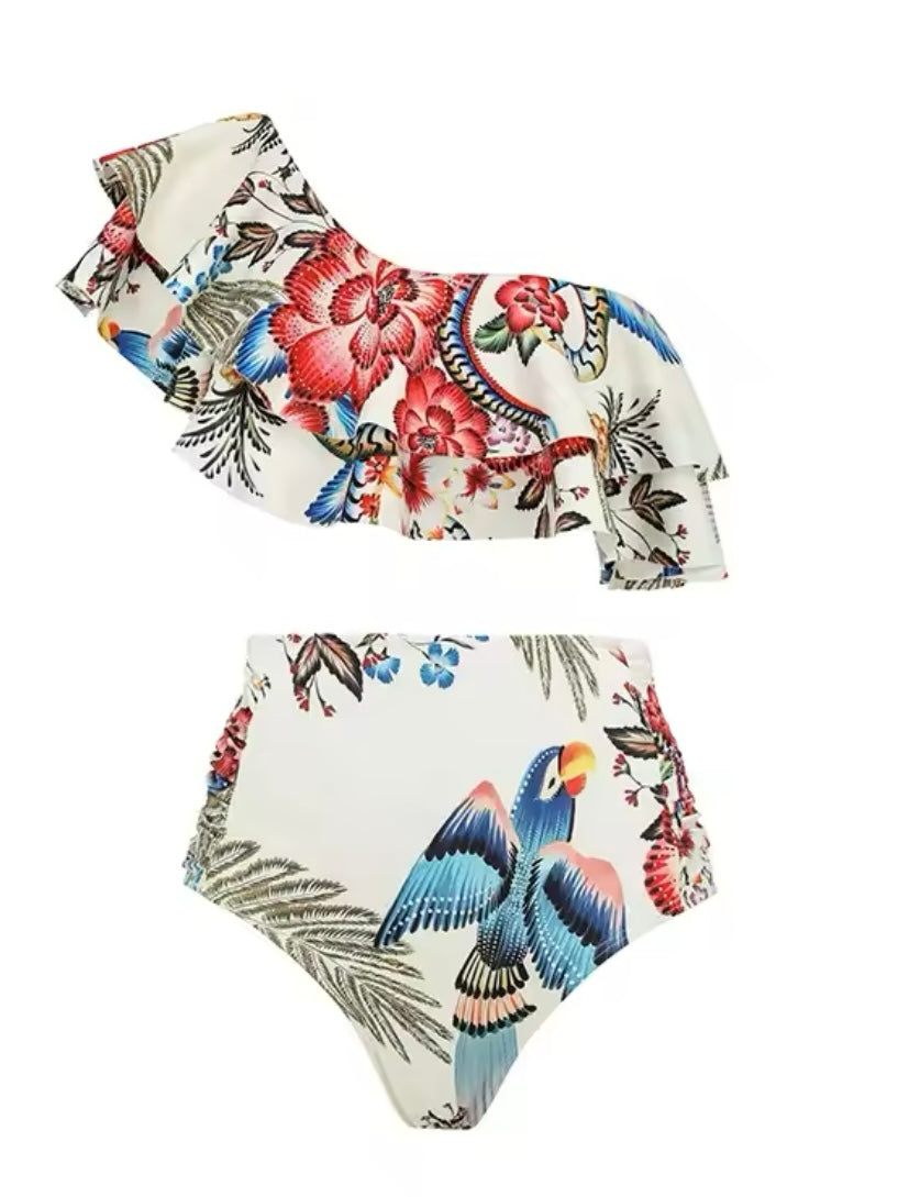 Parrot and floral one shoulder top / bottom bikini