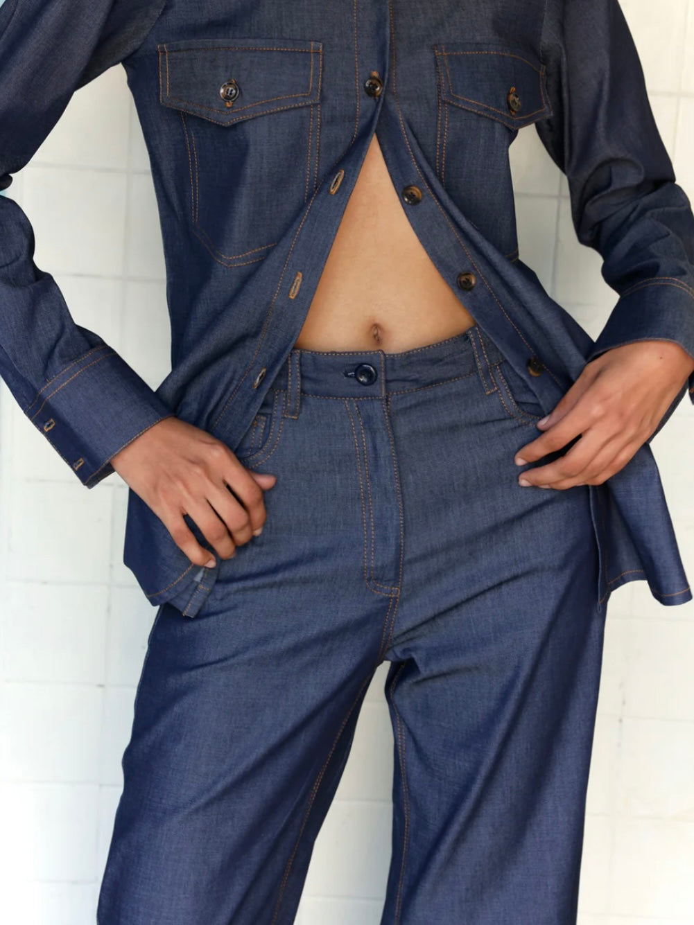 Dark blue denim straight pants