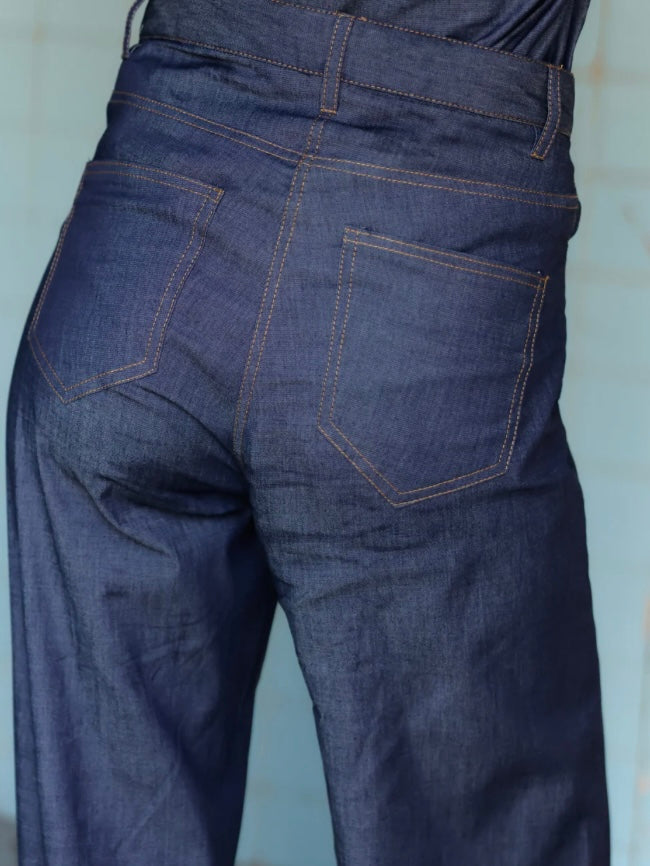 Dark blue denim straight pants