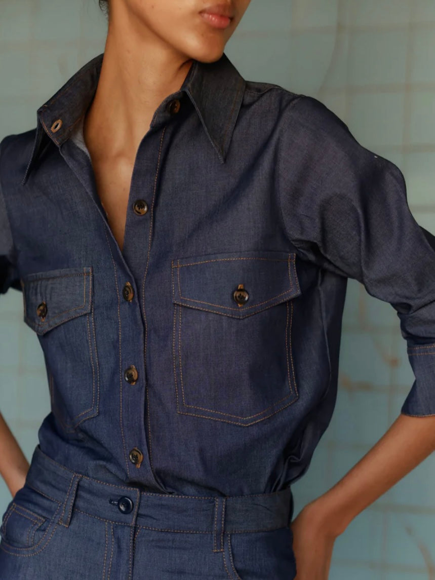 Dark blue denim straight pants