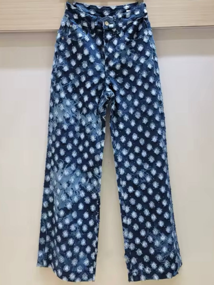 Mid blue round destroyed fabric straight jeans