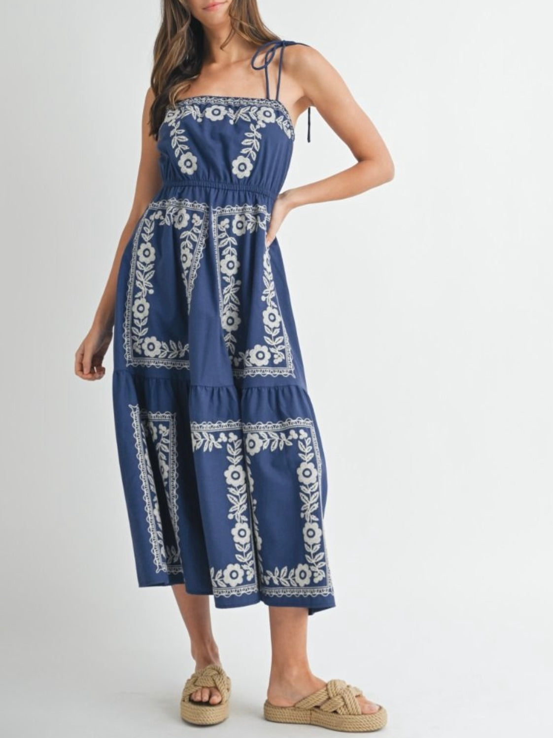 Blue and white embroidered maxi dress
