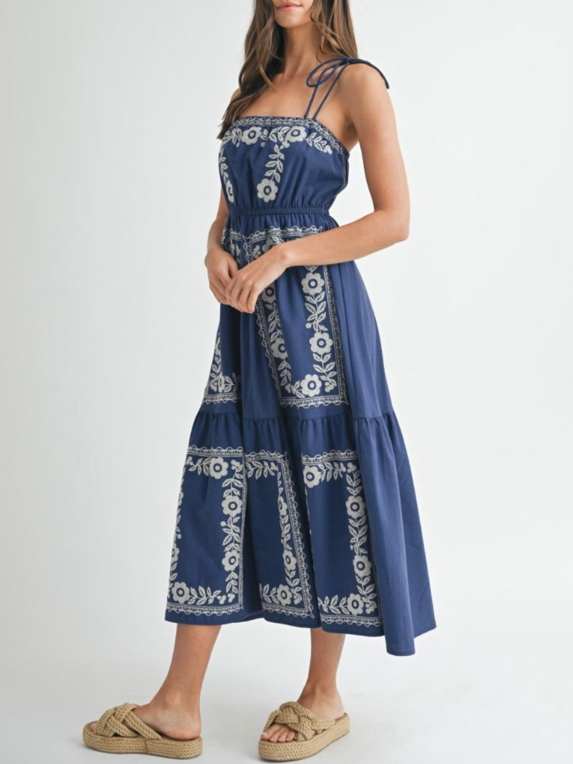 Blue and white embroidered maxi dress