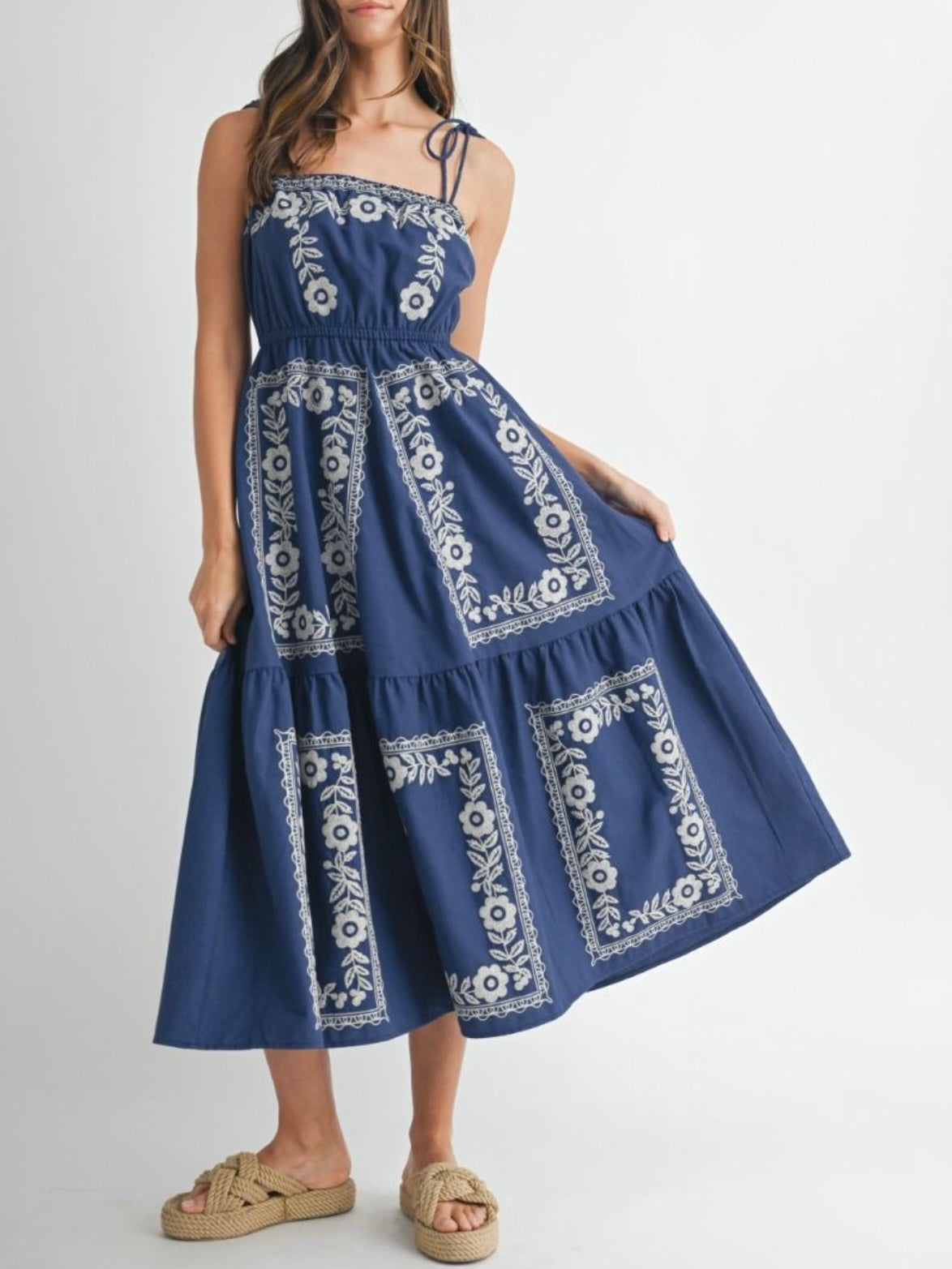 Blue and white embroidered maxi dress