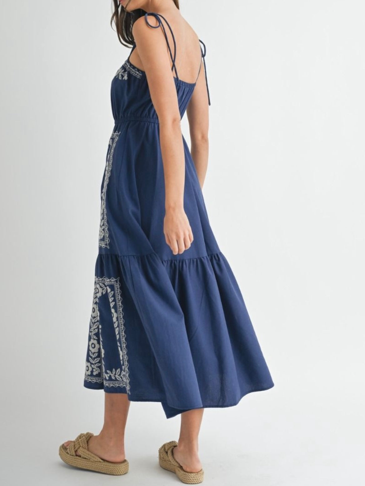 Blue and white embroidered maxi dress