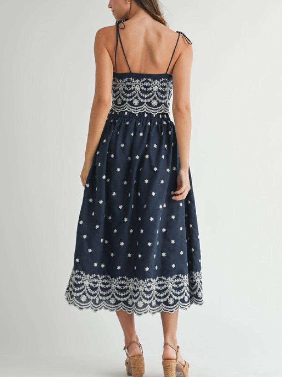 Blue and white embroidered midi dress