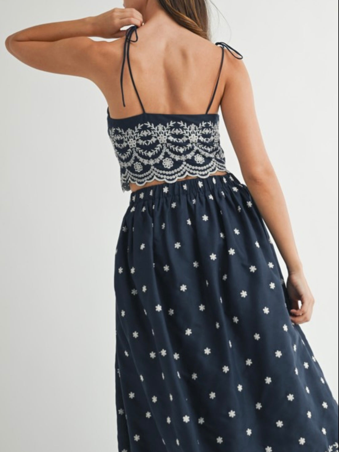 Blue and white embroidered midi dress