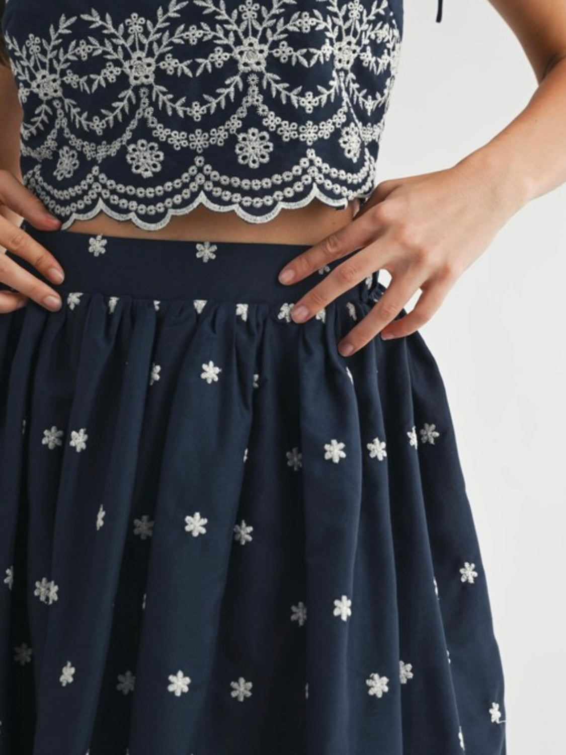 Blue and white embroidered midi dress