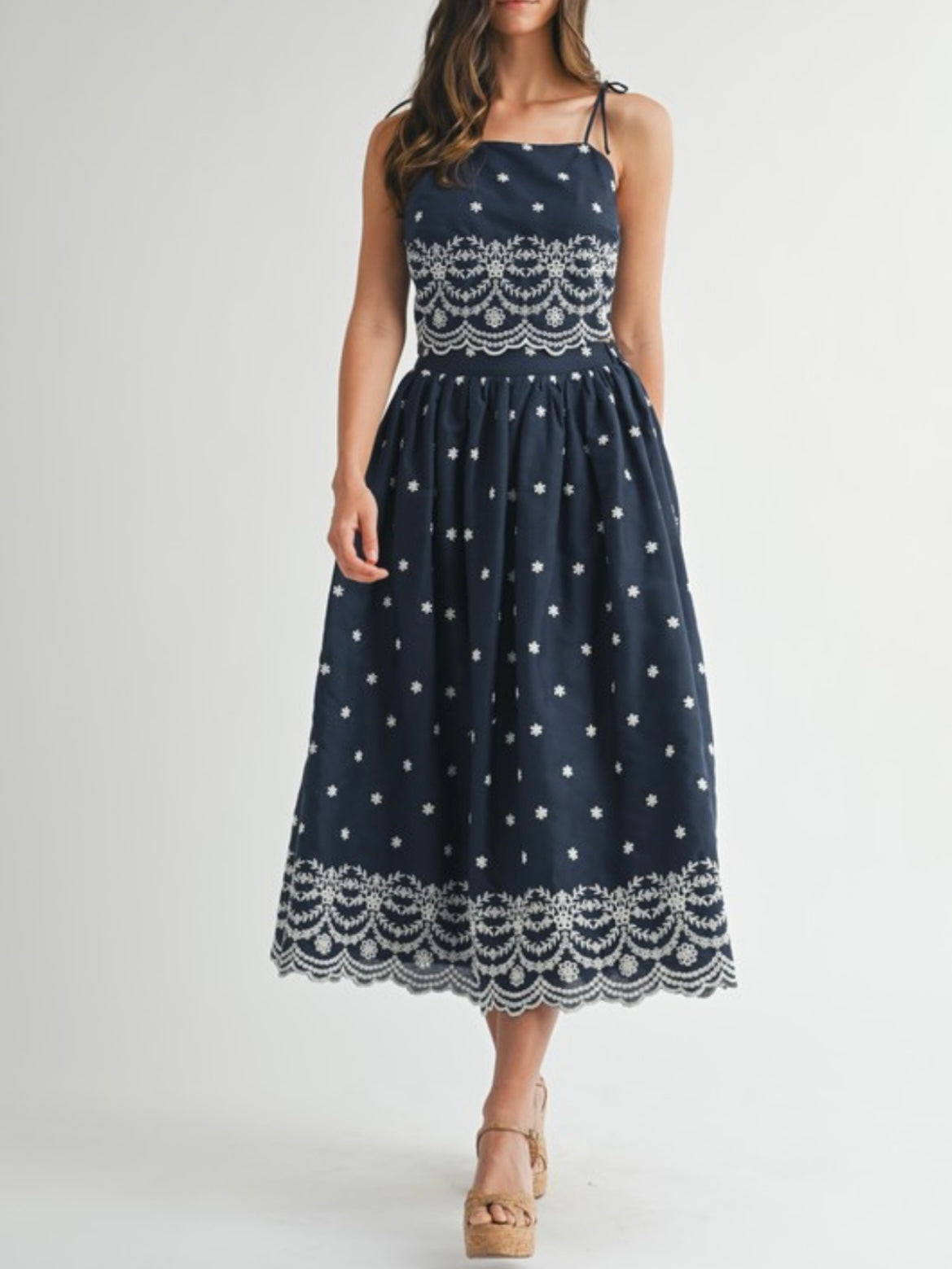 Blue and white embroidered midi dress