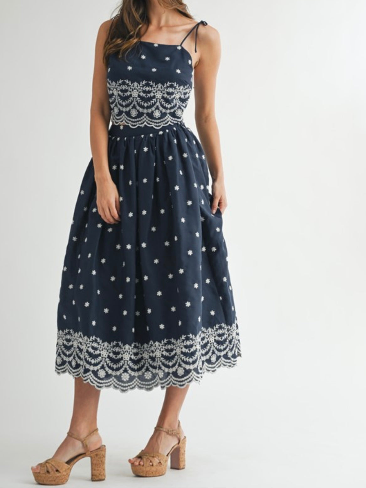 Blue and white embroidered midi dress