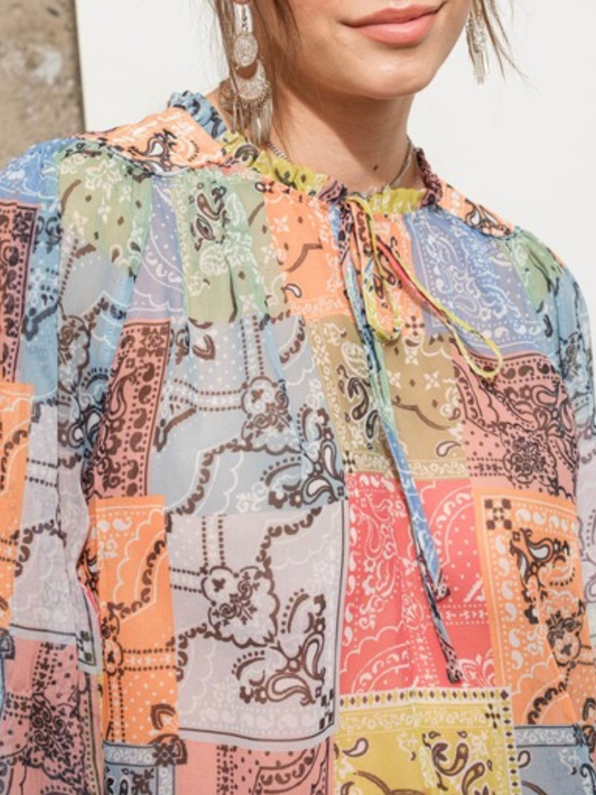 Multicolored patchwork printed blouse top