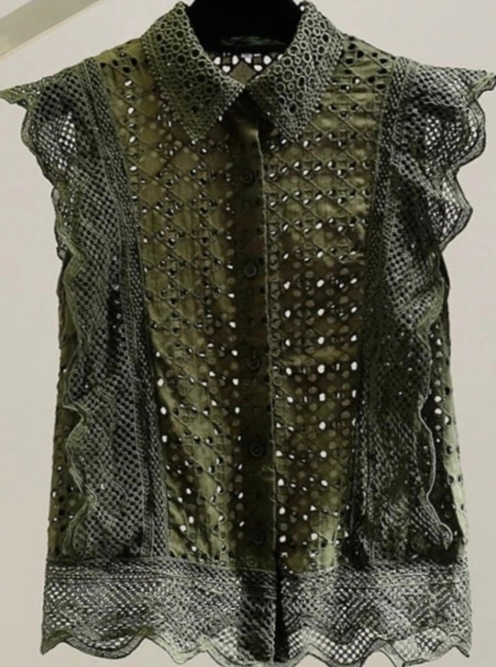 Orange and Olive laced short sleeves ruffles blouse