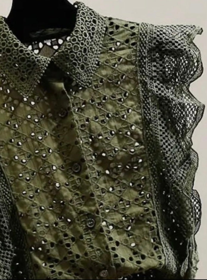 Orange and Olive laced short sleeves ruffles blouse