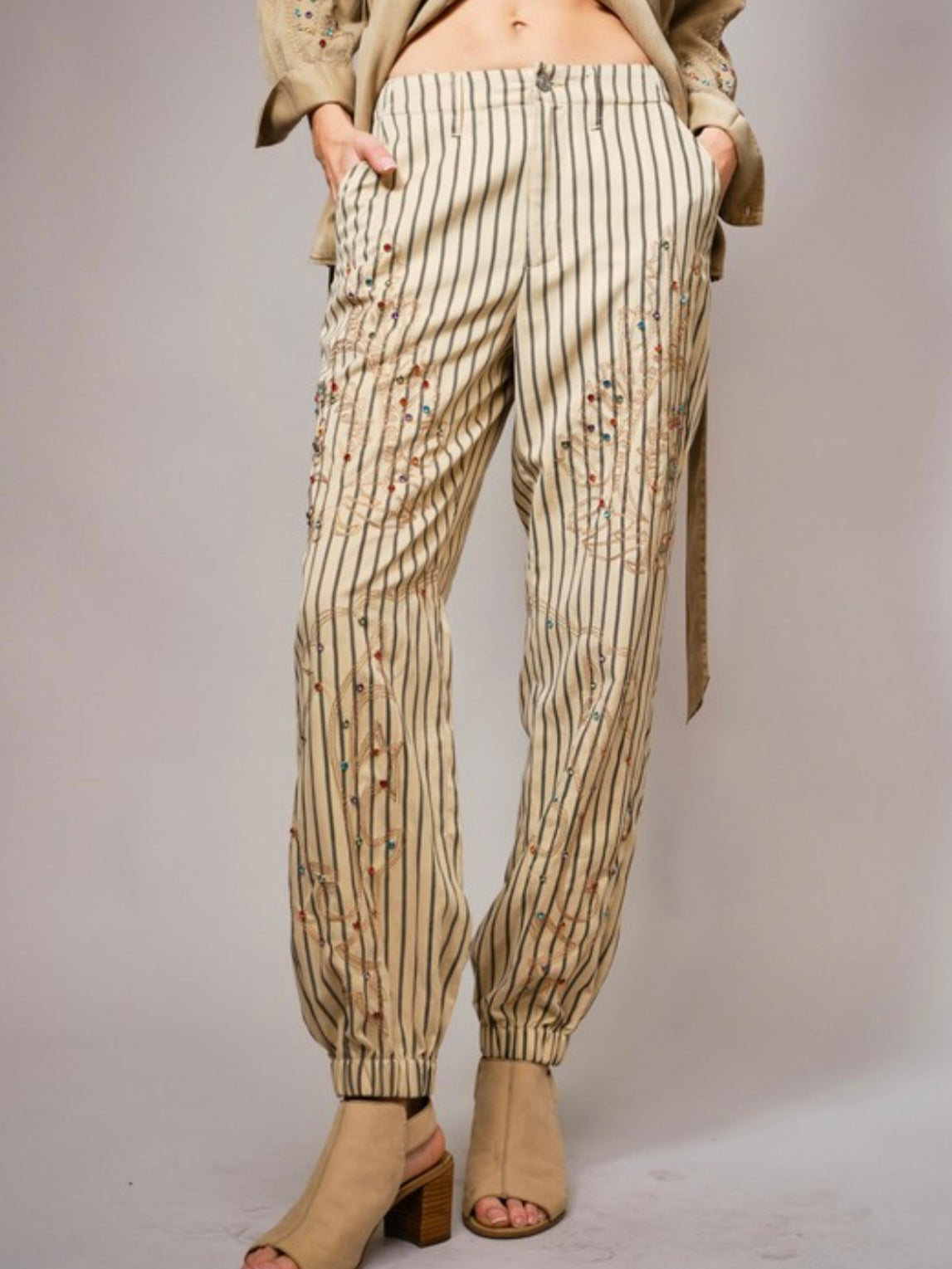 Beige studded color stones cargo joggers