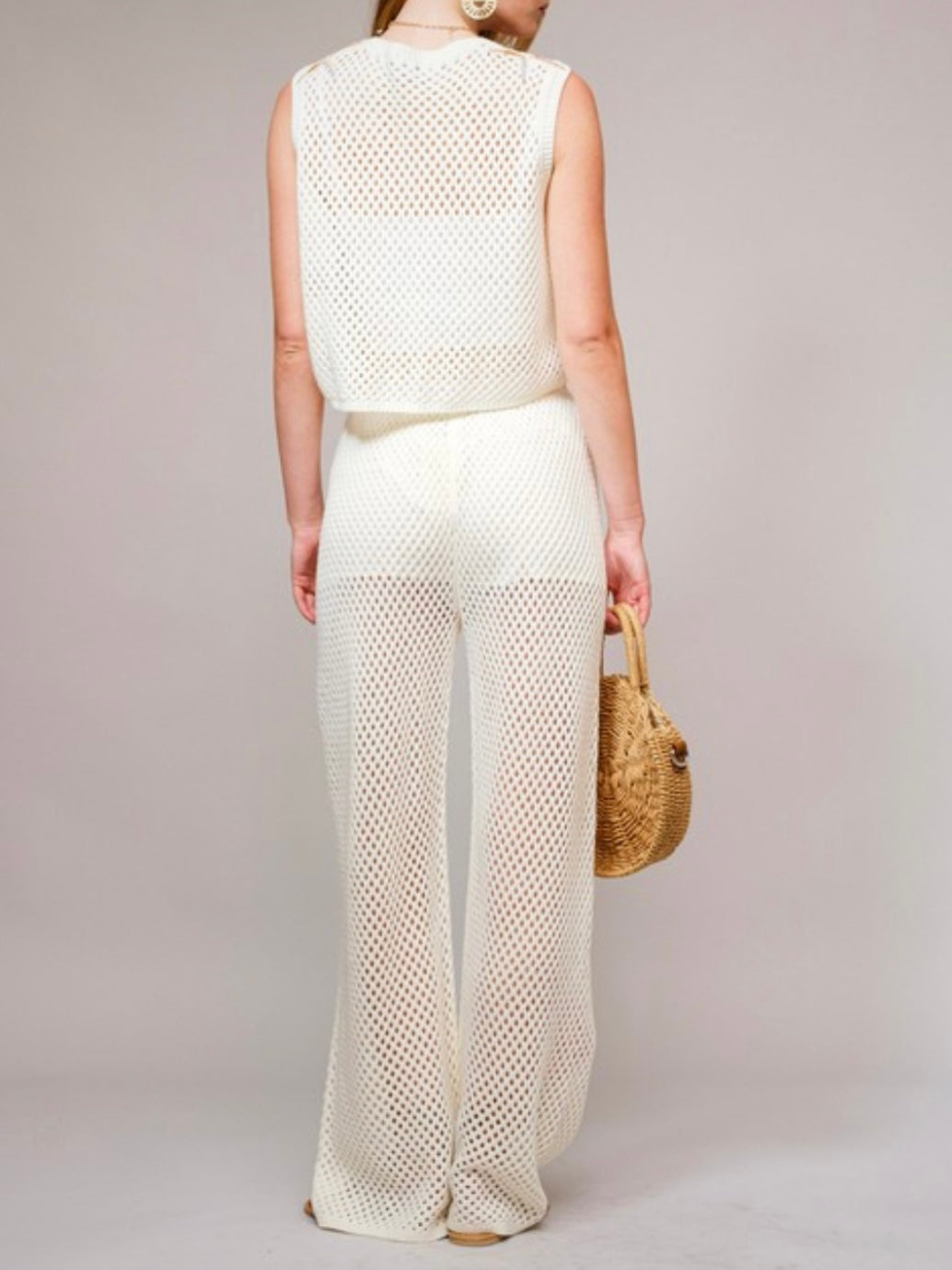 Beige net fabric sea embroidered details set of 2. Top and lounge pants