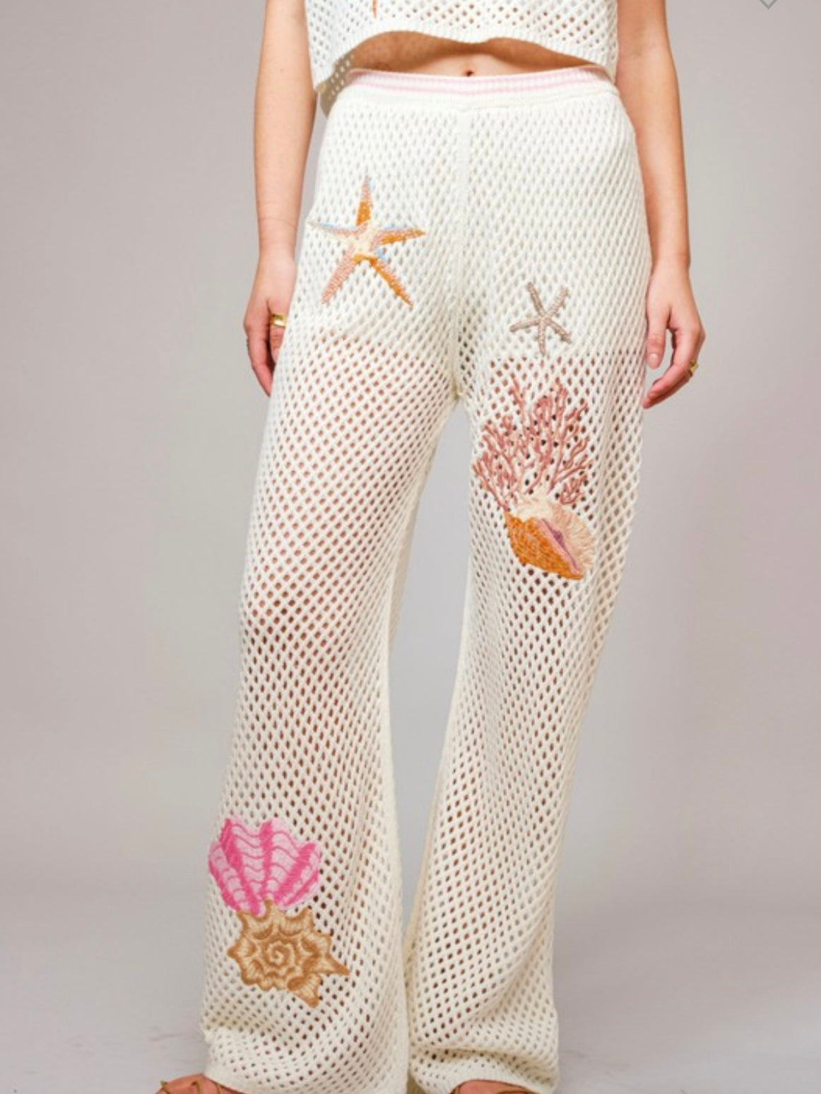 Beige net fabric sea embroidered details set of 2. Top and lounge pants