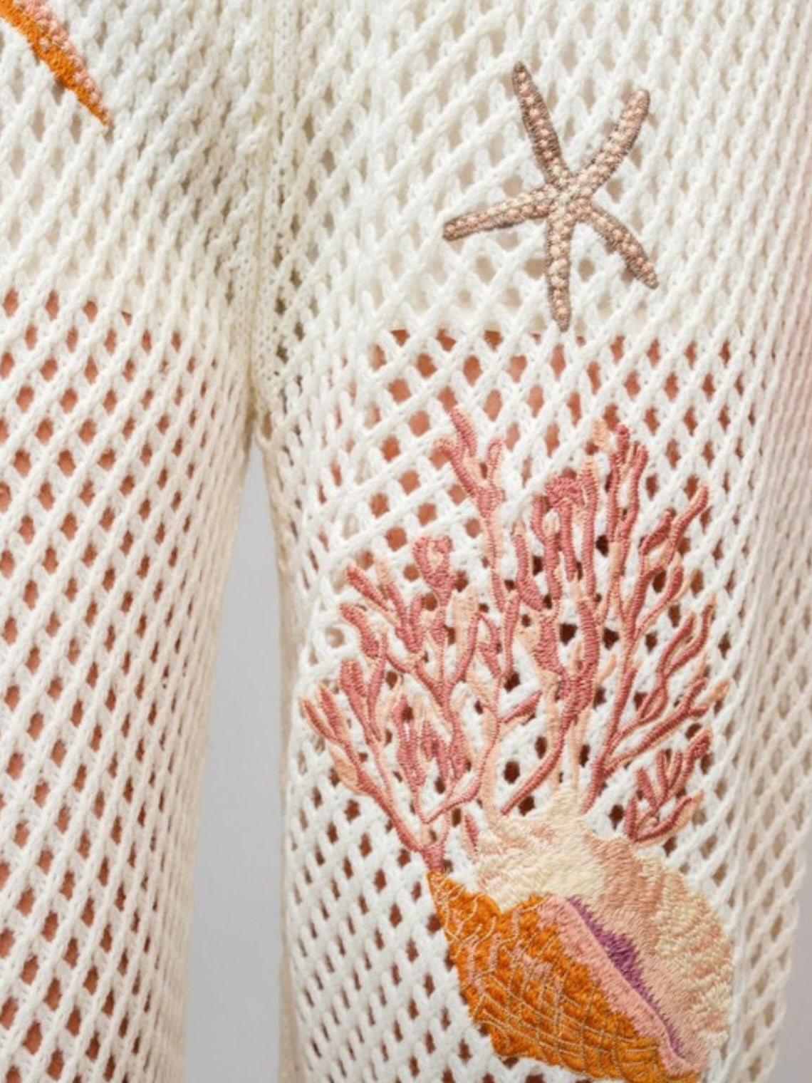 Beige net fabric sea embroidered details set of 2. Top and lounge pants