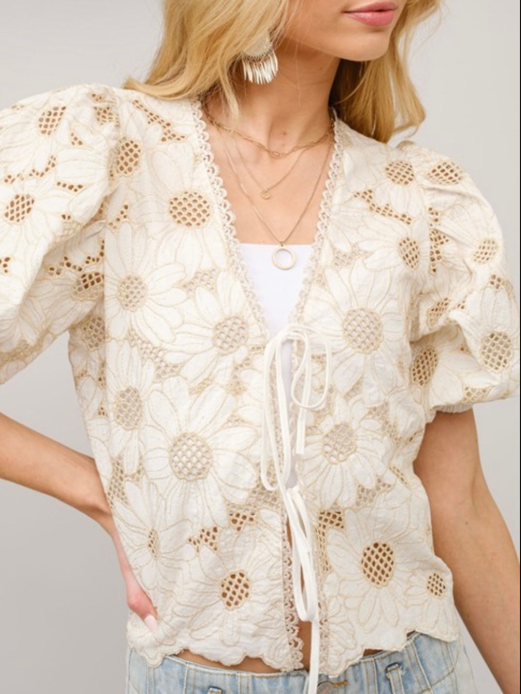 Beige lace tie front floral embroidered top