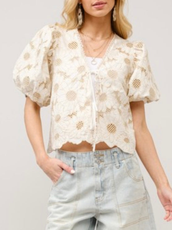 Beige lace tie front floral embroidered top