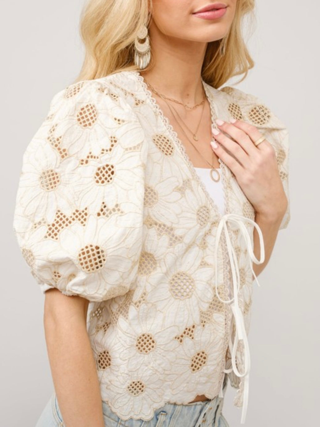 Beige lace tie front floral embroidered top