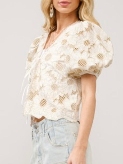 Beige lace tie front floral embroidered top