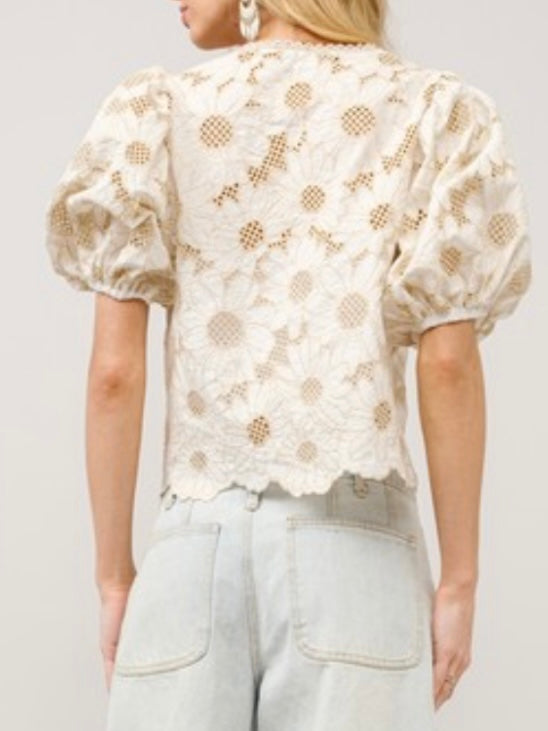 Beige lace tie front floral embroidered top
