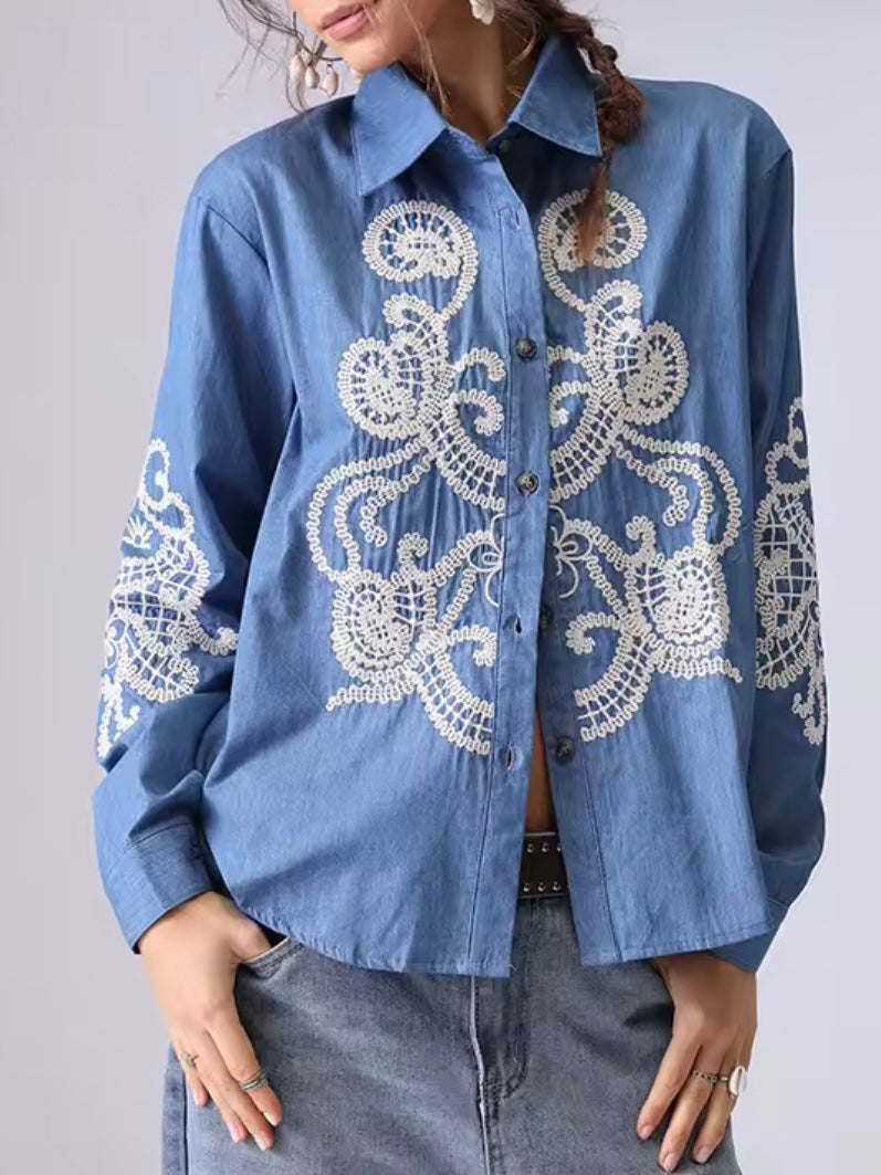 Blue and white embroidered floral shirt