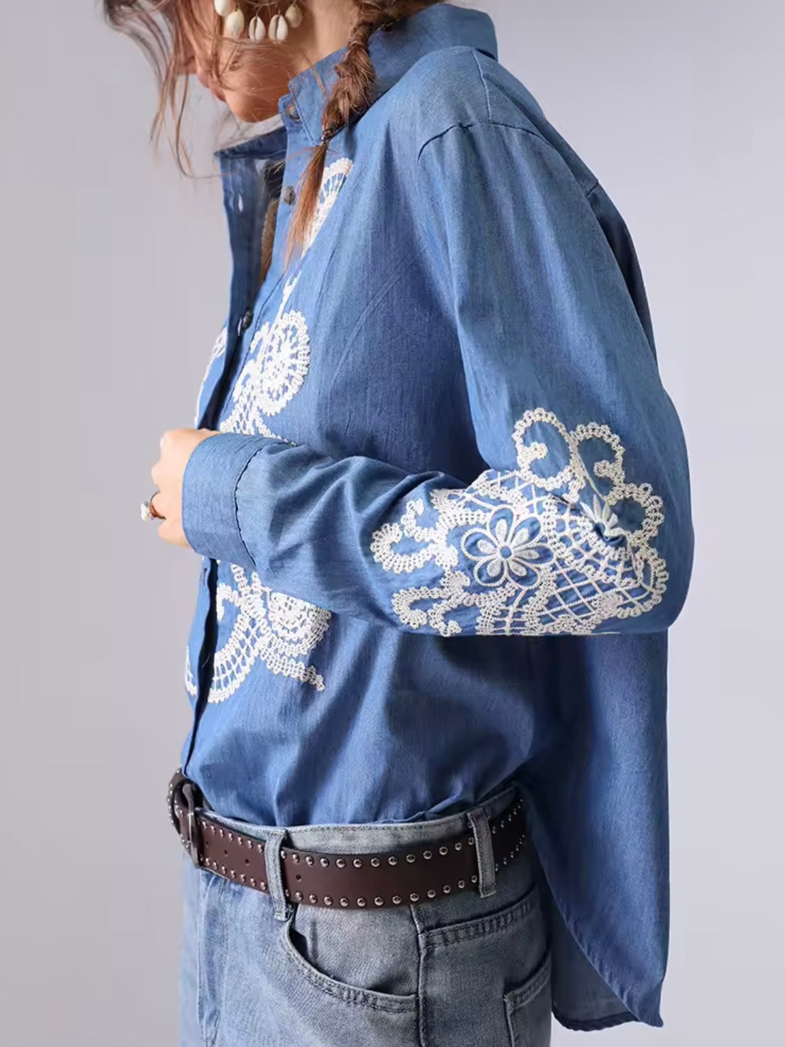 Blue and white embroidered floral shirt