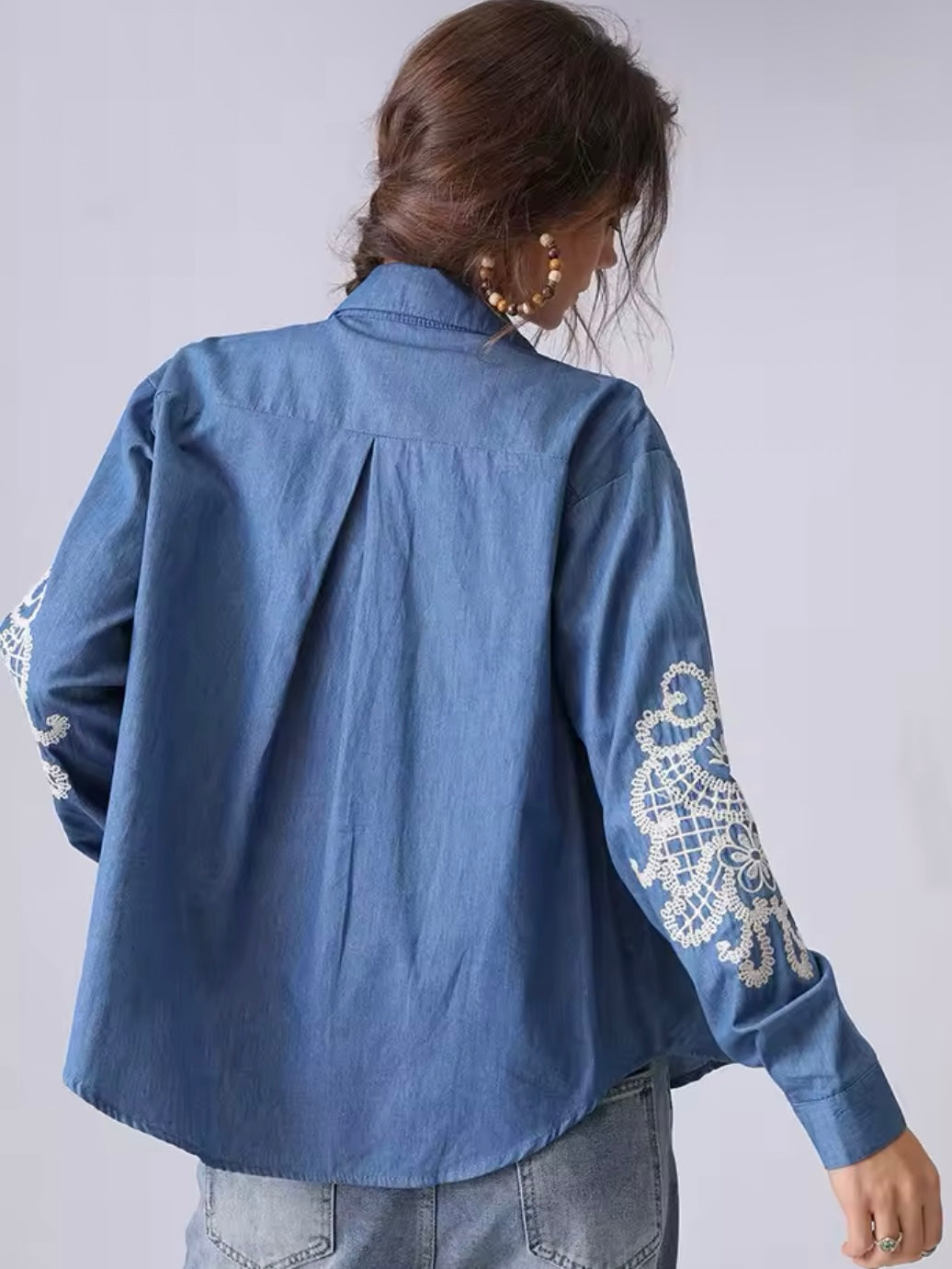 Blue and white embroidered floral shirt