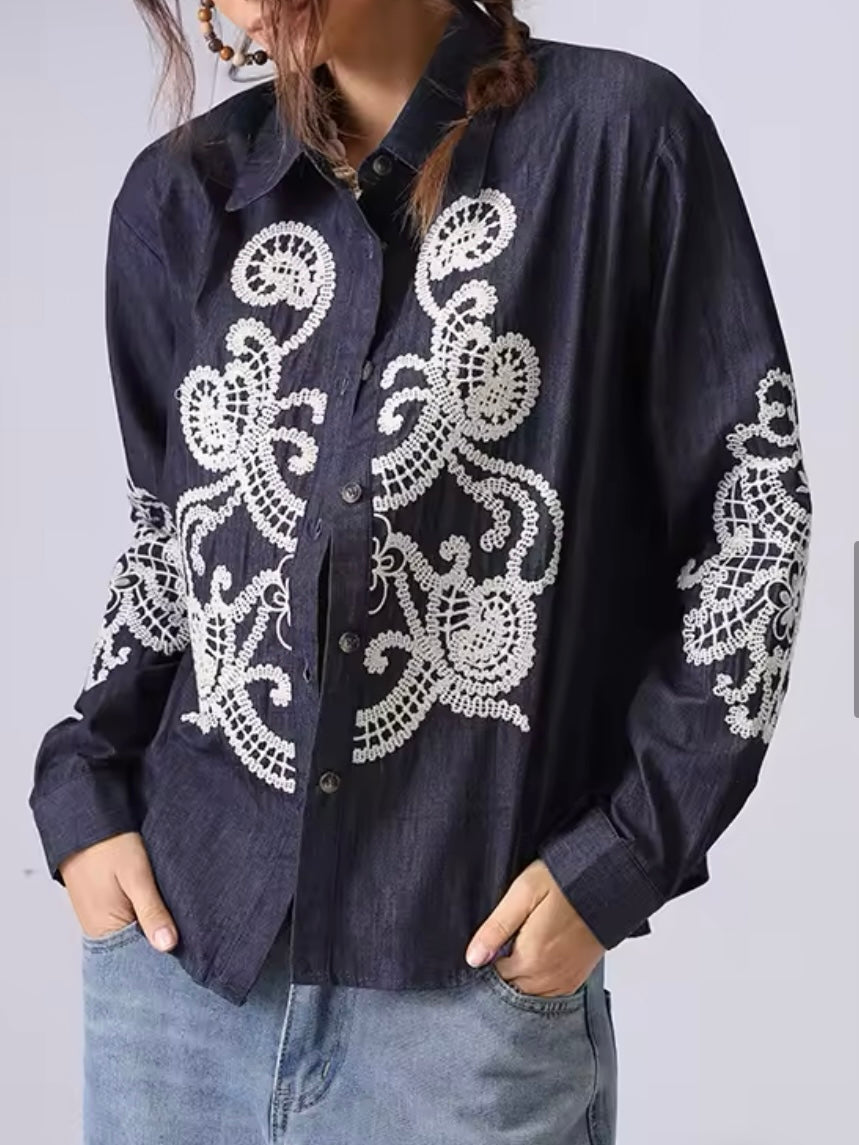 Blue and white embroidered floral shirt