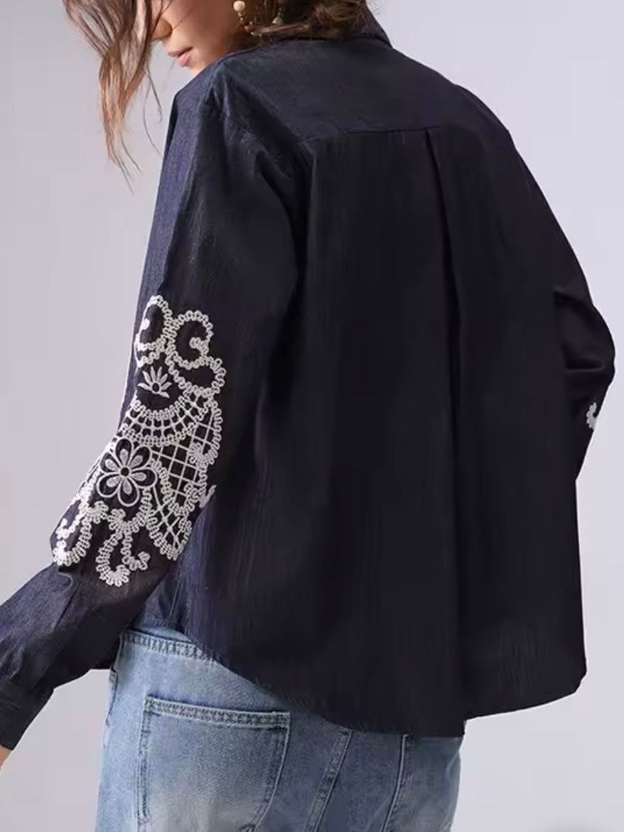 Blue and white embroidered floral shirt