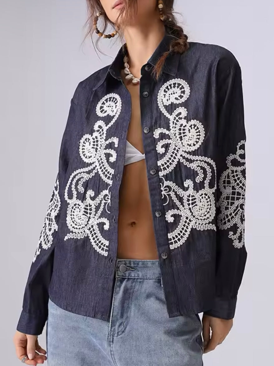 Blue and white embroidered floral shirt