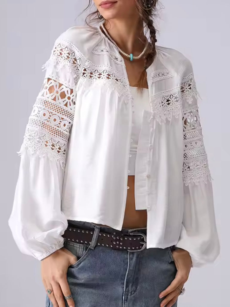 White lace cutout shirt