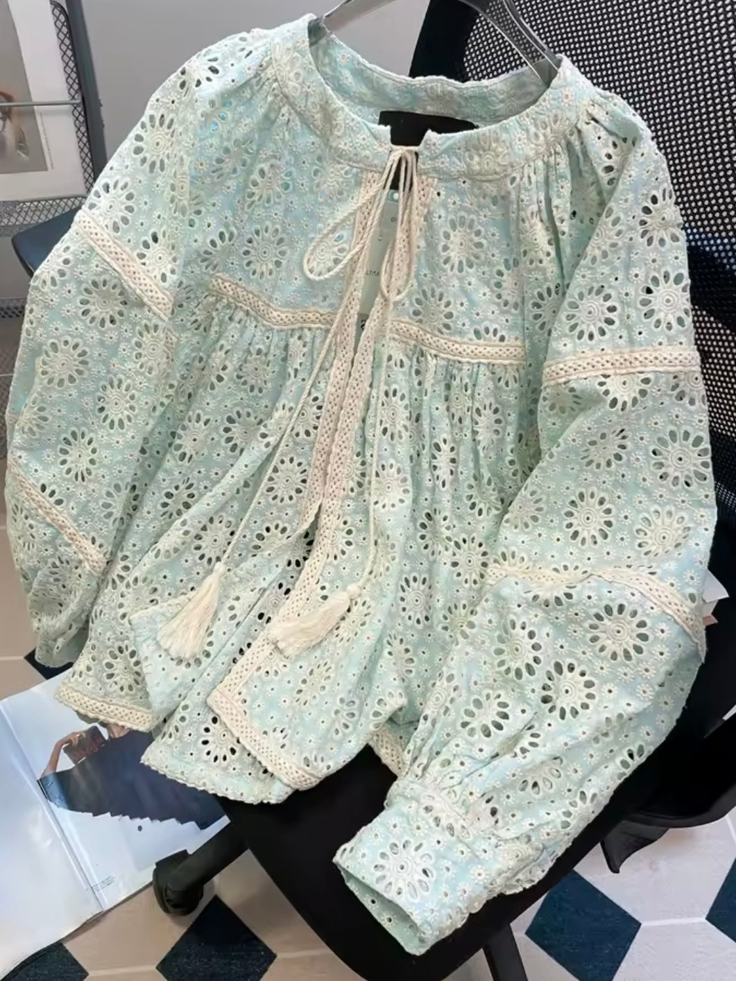 Light green lace crochet shirt