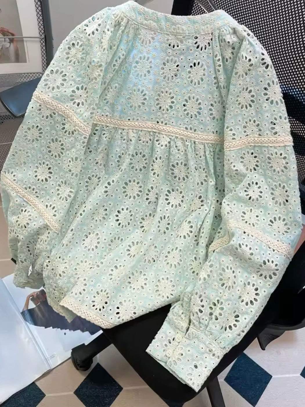 Light green lace crochet shirt