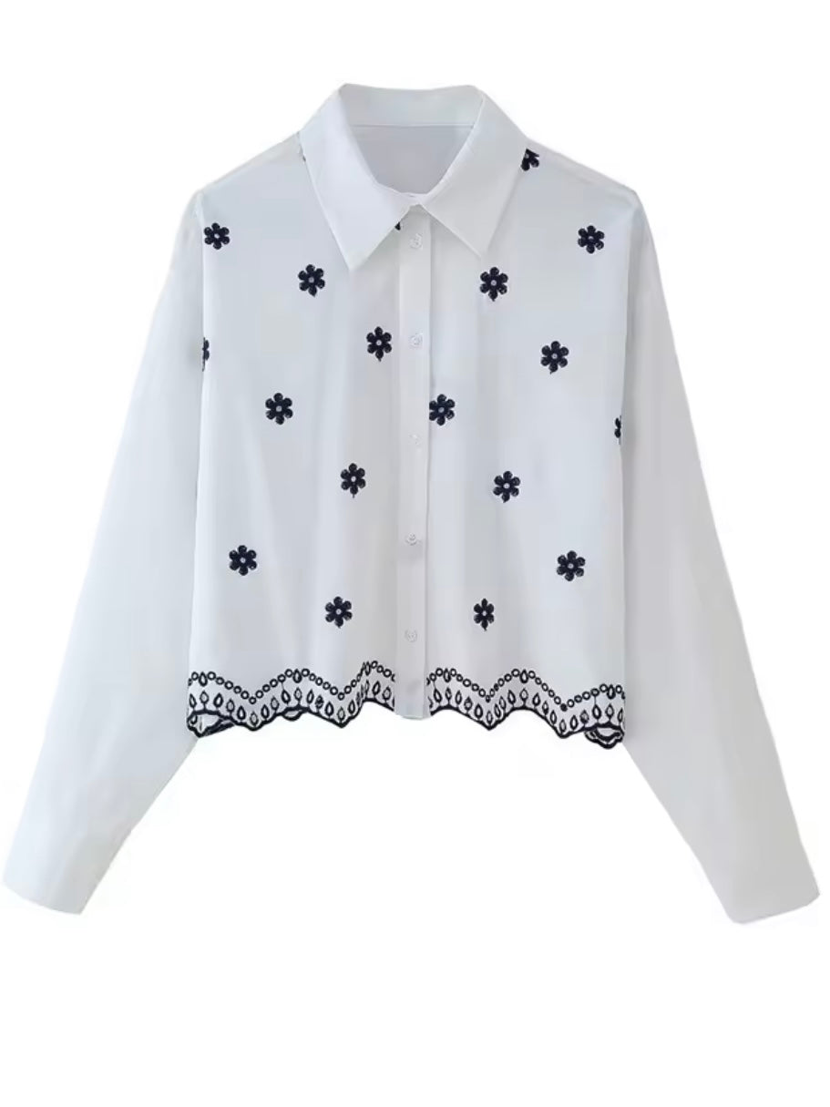 White and black embroidered floral shirt