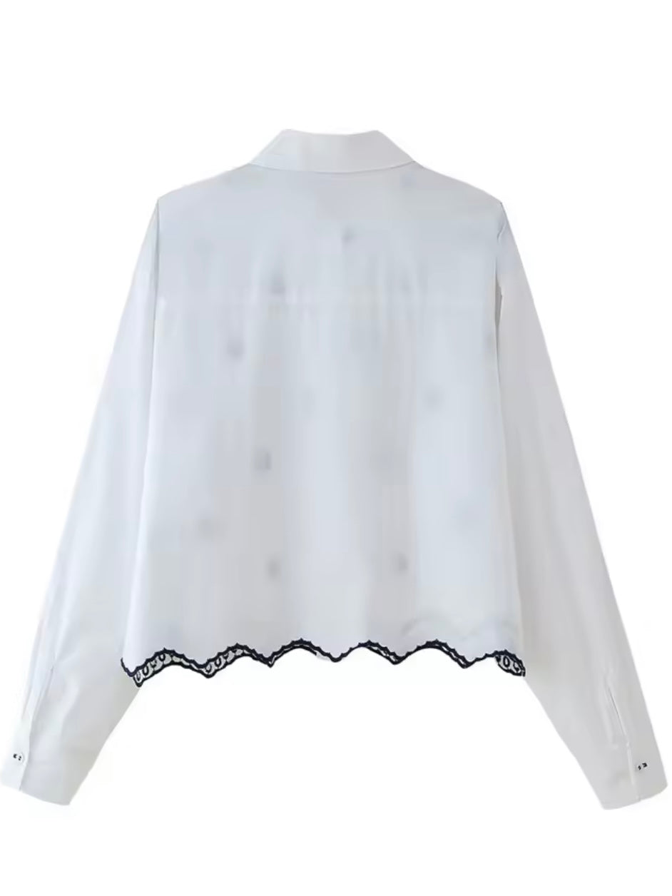 White and black embroidered floral shirt