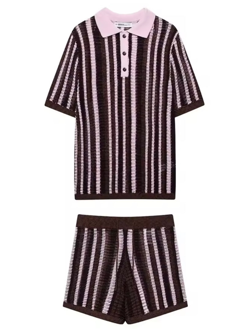 Brown and pink set of 2 knit top and shorts pants