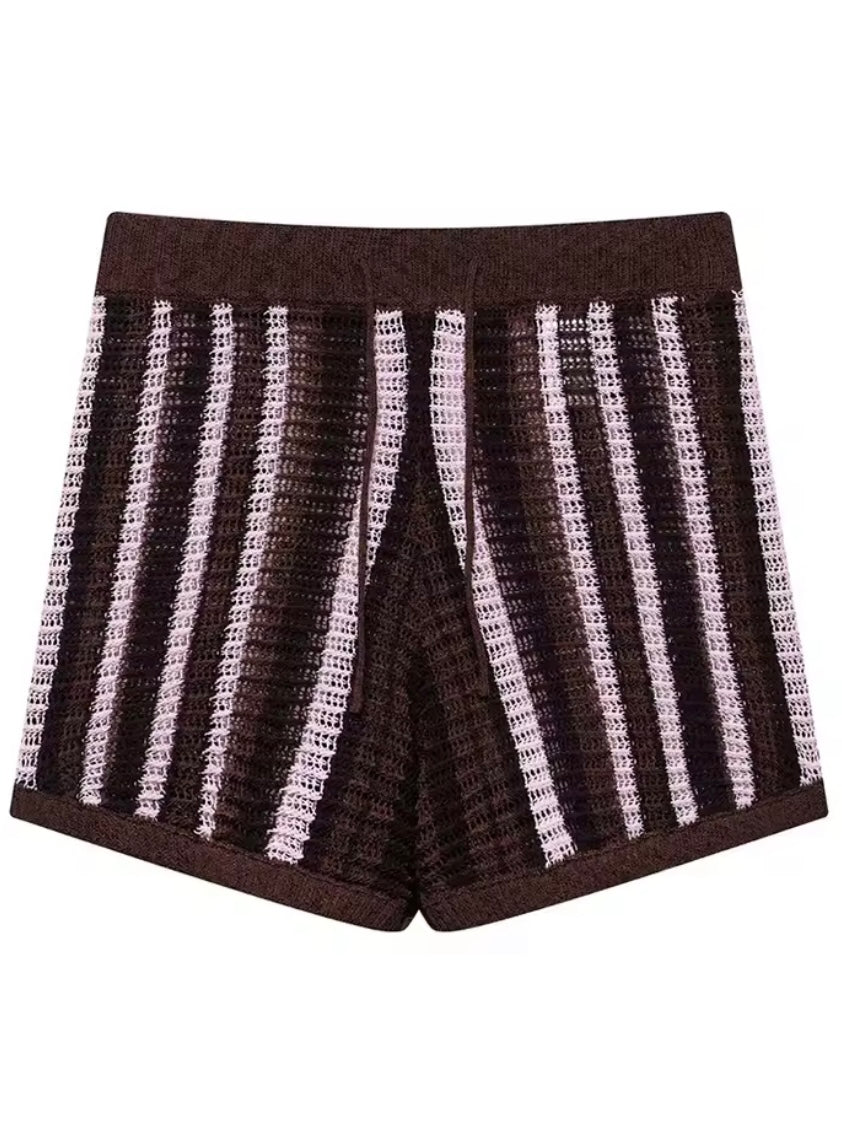 Brown and pink set of 2 knit top and shorts pants