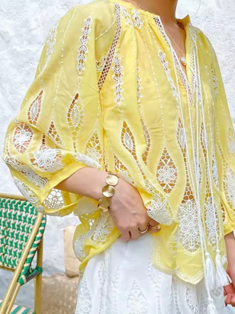 Yellow and white embroidered shirt