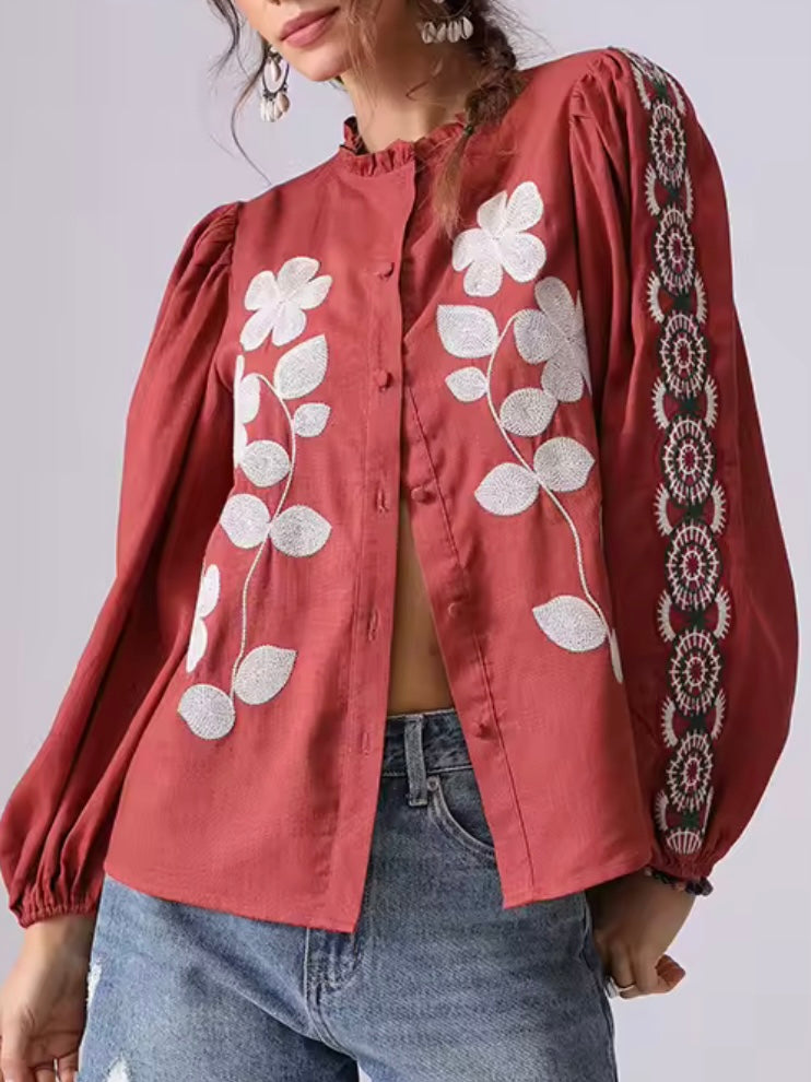 Burgundy and white embroidered floral shirt